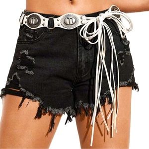 Boho western belt faux leather fringe  light gray/cream antique silver conchos